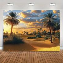 2D flat design 1 piece golden desert oasis and palm tree background fabric suitable for festival parties 47.2x31.5inch/120*80cm
