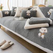 Lovely Teddy Pattern Plush Sofa Cushion Cartoon Warm Anti Slip Armless Sofa Protector Anti-Scratch Couch Cover for Living Room 90*90cm
