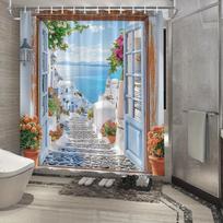 Greek Island Shower Curtain - White Buildings, Azure Sea & Flowers, Vibrant Mediterranean Scene, Water-Resistant W60H190(CM)-1 Pcs