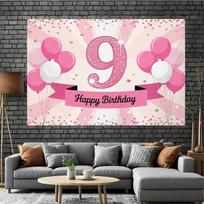Pink 9th Birthday Party Backdrop Banner - Featuring  Happy Birthday  with Balloon and Glitter Pattern Design 59x51.1inch/150*130cm pink