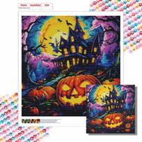 Full Drill Diamond Painting Kit Halloween Haunted Mansion Pumpkins DIY Creative Leisure Craft Canvas for Adults Home Decor Wall Art Round 20x20cm