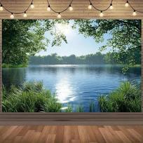 2D plane lake scenery background lush green trees dynamic decorations polyester fiber material 47.2x31.5inch/120*80cm