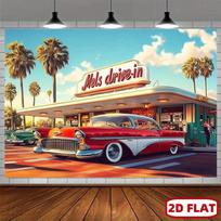 2D plokščias plakatas 1 vnt. retro amerikietiško galingo automobilio fonas ir vakarėlio plakatas - 1950-ųjų restorano dekoracija 70.9x43.3inch/180*110cm white