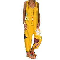 Vana Women Sleeveless Bib Overall Backless Floral Print Loose Jumpsuit Dungarees M geltona