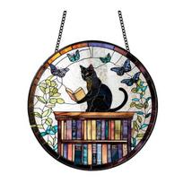 Halloween Reading Ghost Suncatcher Hanging Decoration Black Cat Stained Glass 2D Flat Acrylic Indoor Outdoor Wall Window Hanging Sign Ornament C