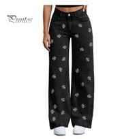 Comfortable Stretch Jeans Girl's Bow Cherry Print Baggy Jeans, Wide Leg Mid Waisted High Elasticity Denim Pants, Zipper Fly Elastic Casual Streetwear S juoda