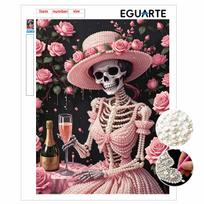 DIY Frameless Pearl Art Kit Pink Rose Skeleton Lady Design 3D Bead Painting Canvas Relaxing Handmade Craft for Home Decor Wall Art 30x40cm