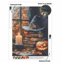 5D Diamond Painting Kit Halloween Witch Hat Books Pumpkin Candle Pattern DIY Rhinestone Art Canvas Relaxing Craft Wall Decor Gift Round 20x30cm