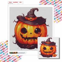 5D Diamond Painting Kit Cute Halloween Pumpkin Witch Hat Pattern DIY Rhinestone Art Canvas Relaxing Home Wall Decor Craft Set Round 20x20cm