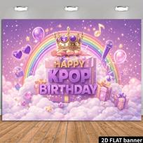 2D plane K-POP themed birthday party background with a pink-purple gradient background crowns and rainbow microphones 47.2x31.5inch/120*80cm