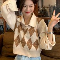 Korean Basic V-neck Argyle Cropped Sweater Spring Autumn Loose Sleeveless Streetwear Pullover Sweater Vest Casual Sweater Women one size chaki