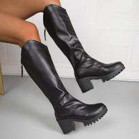 Moteriški aukštakulniai odiniai batai iki kelių, juodi odiniai ankle boots su V formos iškirpte, ilgi batai moterims su storu kulnu 35 juoda