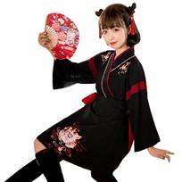 Taisho Romance Hakama Cosplay Cat Kimono Japanese Clothing Lolita Cat Pattern Halloween Short Length M [sac taske] (Black Size) juoda