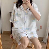 Pure cotton summer short-sleeved crepe gauze confinement clothes double-layer maternity pajamas breastfeeding set postpartum cotton loungewear M