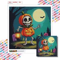 Diamond Painting Kit Halloween Pumpkin Skeleton Pattern DIY Full Drill Canvas Art Relaxing Handmade Gift for Craft Lovers Decor Round 20x20cm
