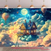 2D plane ladder hanging house with colored balloons and a child looking up at the sky background cloth polyester 47.2x31.5inch/120*80cm