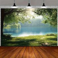 2D plane, serene lake and lush green trees as the background backdrop, suitable for home decoration, polyester fiber 100x150cm