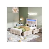 Lova 90x200 cm - MUVOE - Minkšta - LED apšvietimas - 2 stalčiai - Smėlio spalvos smėlis