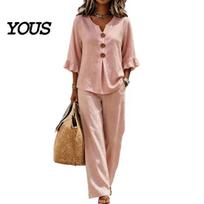 Slimming Wide Leg Pants Summer 2 Piece Sets for Women, Casual Ruffle 3/4 Sleeve Buttons V Women Neck Top And Matching Set, Loose Vacation Lounge XXXL rožinė