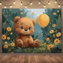 A cute teddy bear in the garden cartoon flower background cloth party banner dreamy style birthday party 47.2x31.5inch/120*80cm
