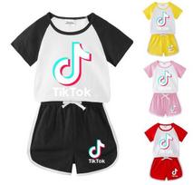 Fashion Tik-Tok Kids 2Pcs Sets Children Clothing Sets Boy and Girl Shirt Tops + Shorts Suits for 3-10Years 150 juoda