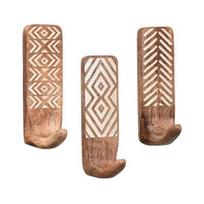 3Pcs Thickened Pure Wood Wall Hooks with Metal Reinforcements Heavy Duty Coat Backpack Hangers Home Decor chaki