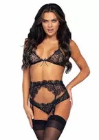 LEG AVENUE Dreamgirl 3-Piece Eyelash Lace Bra, Panty & Scalloped Garter Set Black