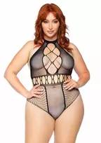 LEG AVENUE Plus Seamless Halter Bodysuit - Multi Net, T-Strap, Black, One Size