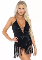 LEG AVENUE Leg Avenue Fringe Halter Bodysuit Black - Deep V, Festival Style M/L