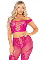 Dreamgirl Off Shoulder Crop Top & Legging Set Black Lace S/M