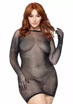 Plus Rhinestone Fishnet Gloved Mini Dress - Elegant Mesh, Hand-Laid Stones