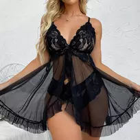De Namour Lingerie by Shots Lace and Mesh Babydoll Set S/M Black - Elegant Lingerie Ensemble