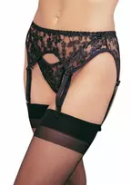 LEG AVENUE Lace Garter Belt and Thong Set - Floral Lace, Adjustable Straps, Black