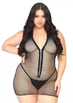 LEG AVENUE Plus Fishnet Zip Up Mini Dress - Black Mesh, Halter Neck, Size Plus