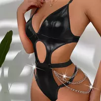 De Namour Lingerie by Shots Faux Leather Cut-out Bodysuit with Chains S/M Black by Shots