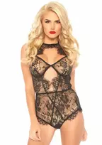 LEG AVENUE Leg Avenue Halter Teddy Lace Bodysuit with Full Back Panty Black M/L