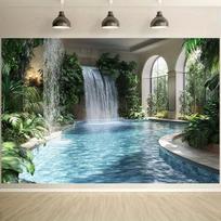 Tropical oasis background fabric, featuring a waterfall pool and lush plants - polyester fiber garden wall decoration 47.2x31.5inch/120*80cm