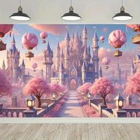 Fantasy Castle with a backdrop of falling petals - Large polyester decoration charming pink flowers and hot air balloon design 47.2x31.5inch/120*80cm