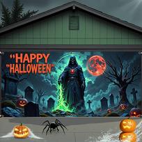 Large Halloween Grim Reaper Garage banner - Eerie cemetery scene with Jack-o '-lanterns durable polyester wall decorations 47.2x31.5inch/120*80cm