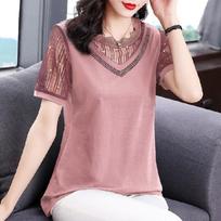 Mesh Short-sleeved T-shirt Women's Large Size New Mother's Diamond-inlaid Top M