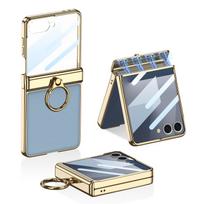Tinka Samsung Z Flip7 mobiliojo telefono dėklui Magnetinis sulankstomas vyris Paprastos odos PC elektroplatinis piršto žiedo laikiklis Korpusas Plėvelė Pilna pakuotė SM-Flip7