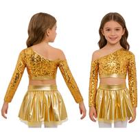 Kids One Shoulder Sequins Top and Metallic Tutu Skirt Set Long Sleeve Elastic Waistband Jazz Dance Costume for Competition Stage 5-6 Years auksas