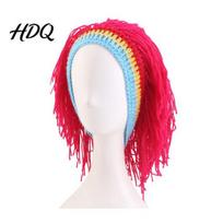 Handcrafted Woolen Wig Cap Hat High Elasticity Knitted Wool Hand-Crocheted Funny Dreadlocks rožinė raudona spalva