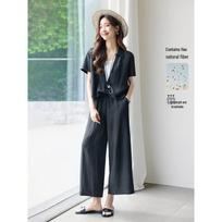 Women's Faux Two-Piece Shirt & Wide-Leg Pants Set 2XL tamsiai mėlyna spalva