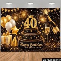 2D luxurious black gold 40th birthday background fabric with gold handwritten words  Happy Birthday 47.2x31.5inch/120*80cm