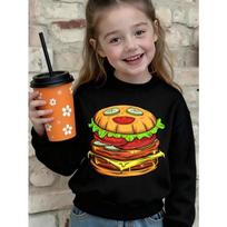 European sizes Crewneck Sweatshirt Black Burger Print for Kids Casual Wear 110 juoda