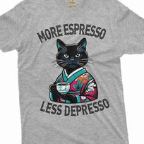 Funny Espresso coffee cat T-shirt caffeine more espresso less depresso cool cat tee shirt 2XL