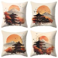 Fuji Mountain Ancient Buildings Single-Sided Printing Short Plush Suitable Living Rooms Bedrooms Sofas (Excluding Pillow Cores) Peach skin 18*18(CM)-1Pcs
