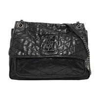 [Pre-Owned] Ysl Niki Silver Chain Black Label Logo Vintage Pleated Leather Crossbody Shoulder Bag - Very Good #CNLCM5 ONE SIZE