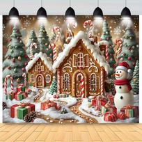 2D background cloth 1 piece, Christmas gingerbread house and snowman scene, gingerbread Christmas decorations 47.2x31.5inch/120*80cm